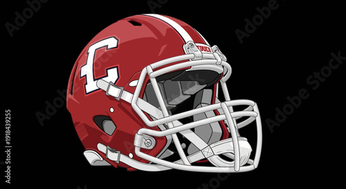 Vibrant red American football helmet with white stripes and face mask, an essential piece of protective gear for competitive team sports and athletic performance