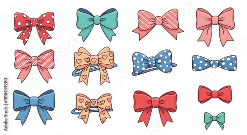 Colorful patterned ribbon bows and hair clips vector set with stars polka dots and hearts isolated on white