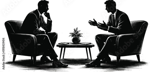 Two business men silhouettes engaged in a discussion or interview, seated in armchairs with a small table and plant between them, rendered in a dark monochromatic vector style.