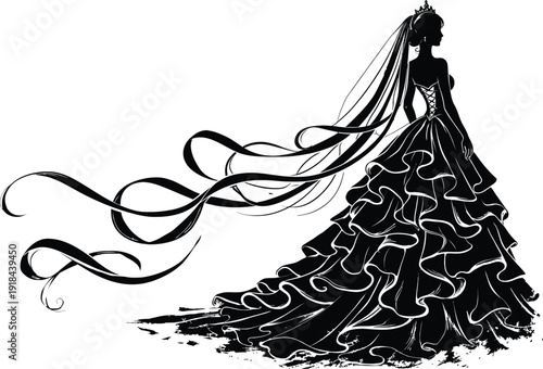 Silhouette vector illustration of a bride in a long, flowing wedding dress with a ruffled skirt and an elaborate train, wearing a tiara and veil, isolated on a transparent background.