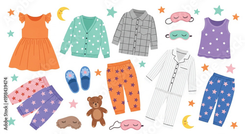Kids pajama and sleepwear vector set with cute nightwear clothes teddy bear and sleep masks isolated on white