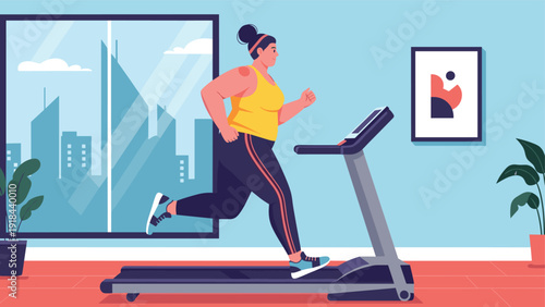 Plus-size woman energetically running on a treadmill at home, pursuing her fitness goals and maintaining a healthy lifestyle indoors.
