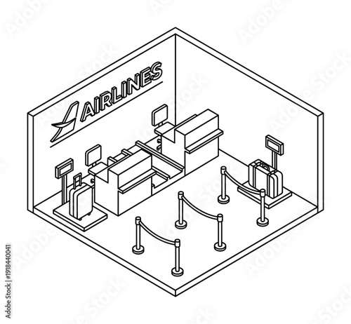 Isometric airport airlines check in counter design for travel and transportation service