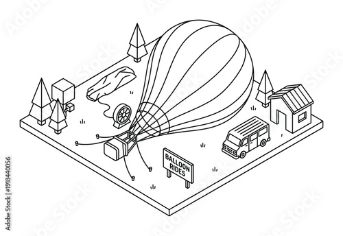 Isometric balloon rides adventure with hot air balloon and landscape for entertainment