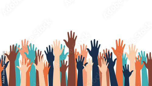 Diverse group of people raising their hands in a gesture of unity, support, or participation, symbolizing community and collective action.