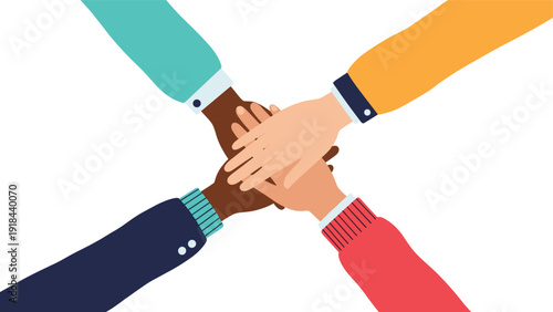 Group of diverse hands stacked together in unity, symbolizing powerful teamwork, collaboration, diversity, and collective support among individuals.