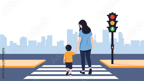 Responsible mother holding her child's hand, safely crossing a zebra pedestrian crossing at a green traffic light in a city.