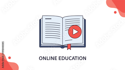 Open textbook with a prominent play button icon, clearly labeled "ONLINE EDUCATION," representing modern e-learning and digital schooling.