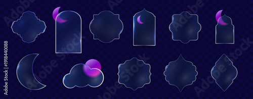 GLASSSMORPHISM Window Frames with crescent-shaped elements inspired by Ramadan and Islamic architecture. Transparent and frosted glass shapes for banners, posters, web design, and holiday layouts.