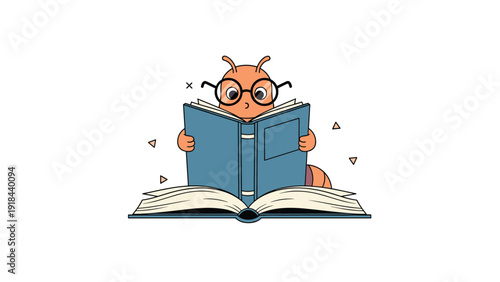 Adorable cartoon ant wearing glasses, engrossed in reading a large open book, symbolizing a love for learning and knowledge acquisition.