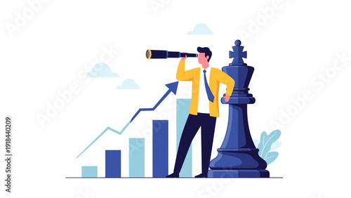 Visionary businessman looking through a telescope next to a giant chess king and an upward-trending bar chart, representing strategic foresight and business growth.