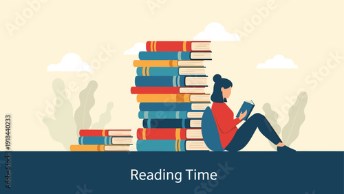 Calm woman enjoying her reading time, sitting comfortably next to a towering stack of books, symbolizing knowledge and education.
