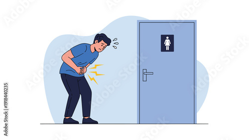 Distressed man holding his stomach in visible pain, urgently standing in front of a public restroom, symbolizing digestive issues.