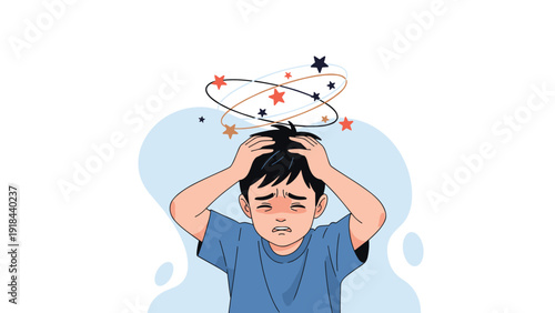 Child holding his head, looking dizzy and confused with stars swirling around, symbolizing a headache, concussion, or disorientation.