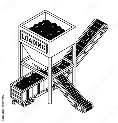 Isometric coal loading mining with conveyor belt and train for industrial process