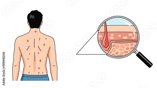 Man's back covered in a skin rash, with a magnified view illustrating skin cells and an infection, symbolizing viral disease.