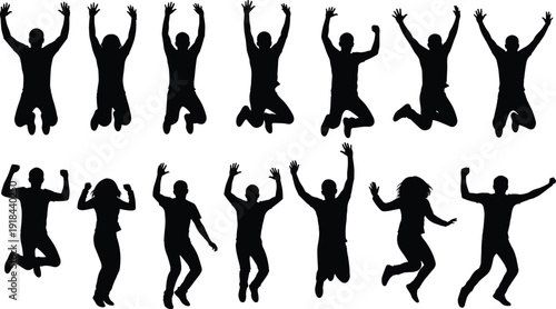 Set of black silhouettes of happy people jumping and celebrating, diverse group of men and women expressing joy, vector illustration isolated on white background, SEO.