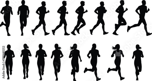 Set of black silhouettes of men and women running and jogging, diverse group of people exercising, vector illustration isolated on white background, fitness SEO.