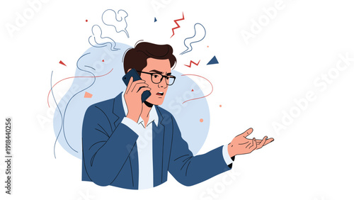 Extremely angry man on a phone call, gesturing with frustration and smoke effects, symbolizing a heated argument or receiving bad news.