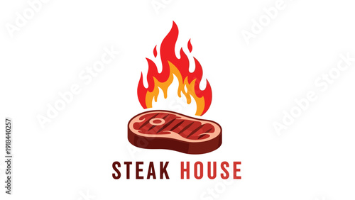 Bold logo for a "STEAK HOUSE," featuring a flaming steak icon, symbolizing delicious grilled meat and a gourmet dining experience.