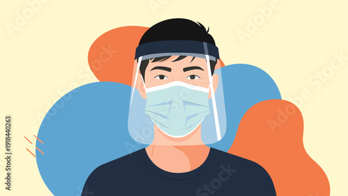 Man wearing a protective surgical mask and a clear face shield, symbolizing effective COVID-19 prevention and public safety measures.