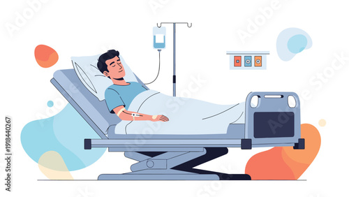 Calm man resting peacefully in a hospital bed with an intravenous drip, symbolizing patient care, recovery, and medical treatment.