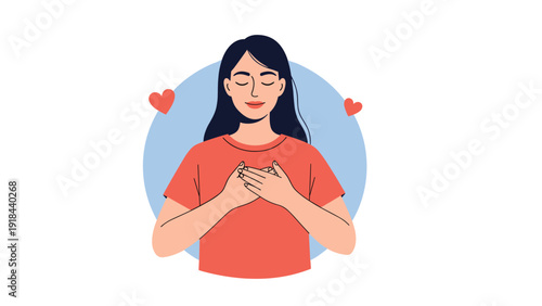 Serene woman with closed eyes and hands over her chest, surrounded by hearts, symbolizing gratitude, self-love, and emotional well-being.