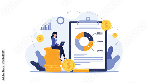 Diligent businesswoman sitting on a stack of coins using a laptop, conducting financial analysis with charts and money symbols, symbolizing investment.