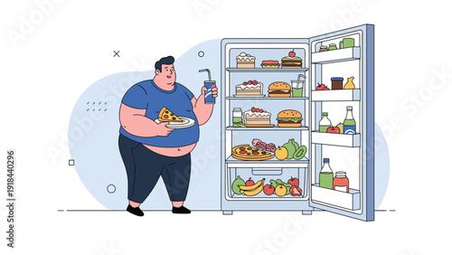 Obese man holding pizza and soda in front of an open refrigerator filled with unhealthy food, illustrating poor eating habits.