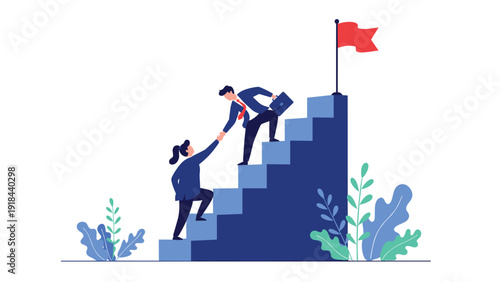 Supportive businesswoman helping a businessman climb steps towards a flag, symbolizing mentorship, teamwork, and shared success achievement.