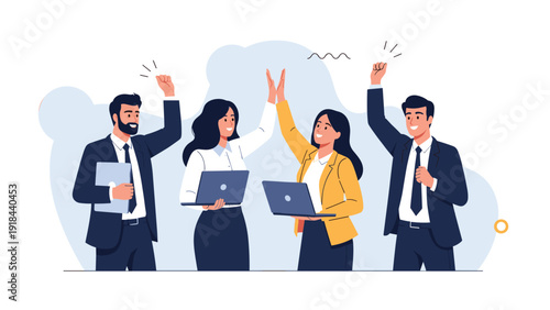 Diverse group of business professionals joyfully celebrating and giving high-fives, symbolizing successful teamwork and collective achievement.