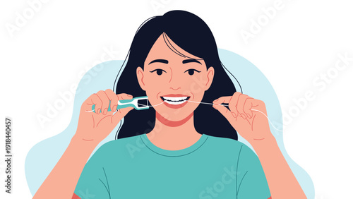 Smiling young woman meticulously flossing her teeth, emphasizing excellent oral hygiene and proactive dental care for healthy gums.