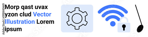 Gear for settings, secure wireless lock, and antenna symbolizing technology, security, and communication. Ideal for tech diagrams, security apps, networking, system design education UIUX concepts