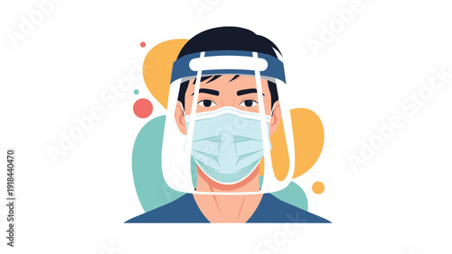 Man wearing a protective surgical mask and a clear face shield, symbolizing effective COVID-19 prevention and public safety measures.