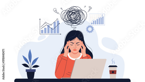 Stressed businesswoman suffering from a headache at her laptop, surrounded by tangled thoughts and business charts, symbolizing work-related stress.
