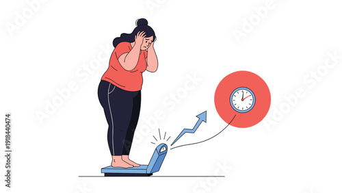 Distressed overweight woman standing on a digital scale showing weight gain over time, symbolizing struggles with obesity and diet.