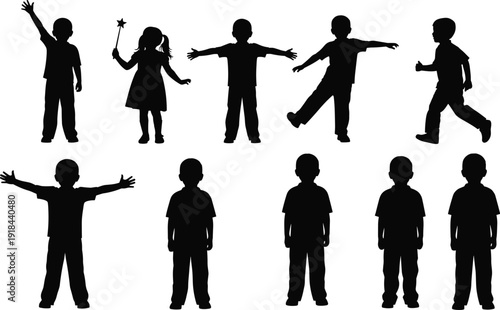 Set of silhouettes of children playing and standing together in different poses isolated on white background group of little boys and girls kids (e