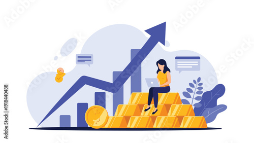 Savvy businesswoman sitting on a pile of gold bars using a laptop, with an upward-trending chart, symbolizing financial growth and wealth.