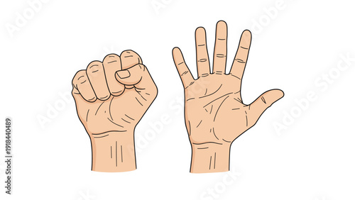 Two human hands depicted, one closed in a fist and the other open with fingers spread, representing various gestures or counting.