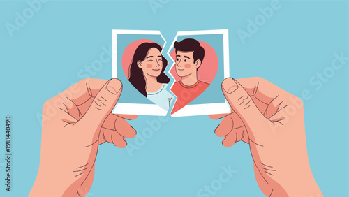 Hands holding a torn photograph of a smiling couple, symbolizing a painful breakup, divorce, or the end of a romantic relationship.