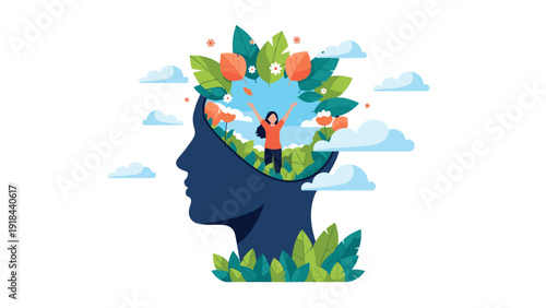 Human head silhouette with a vibrant nature scene inside, depicting mental well-being, freedom, happiness, and a healthy mindset.
