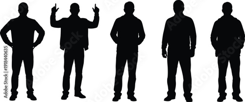 Silhouette of men in casual jackets standing in various confident poses, group of male figures isolated on white background, professional vector illustration, urban style.