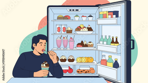 Man indulging in ice cream in front of an open refrigerator filled with various unhealthy foods and sweet treats.