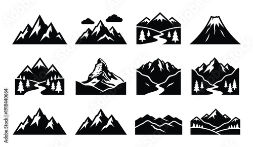 Mountain range outline logo set with forest river and clouds silhouette outdoor travel and adventure vector