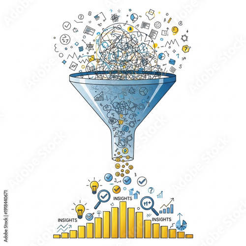 Conceptual illustration of data filtering and analysis process transforming raw information into valuable business insights.