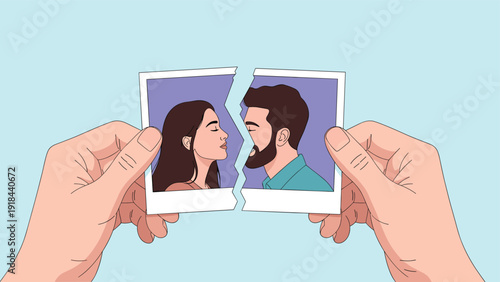 Hands holding a ripped photograph of a couple, symbolizing a painful breakup, divorce, or the end of a relationship.