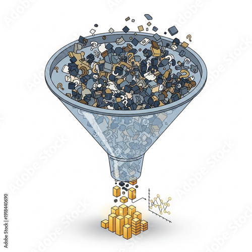A visual metaphor of a funnel converting chaotic data streams into structured, valuable financial assets and insightful graphs.