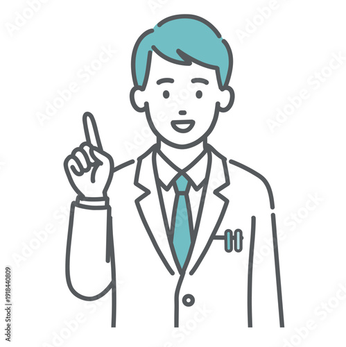 指差し・ポイントを解説する男性医師のイラスト（ひらめき・上半身）