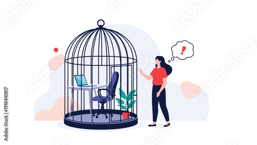 Woman standing outside an office desk confined within a birdcage, expressing concern about work-life balance or remote work challenges.