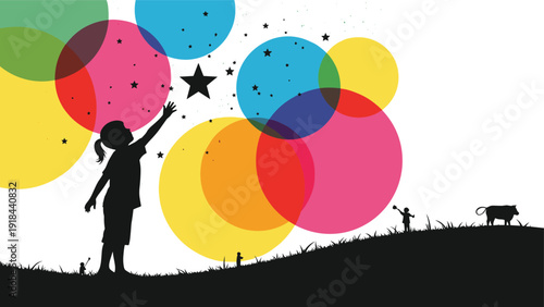 Silhouette of a child reaching for a star amidst colorful bubbles, symbolizing dreams, aspirations, imagination, and childhood wonder.